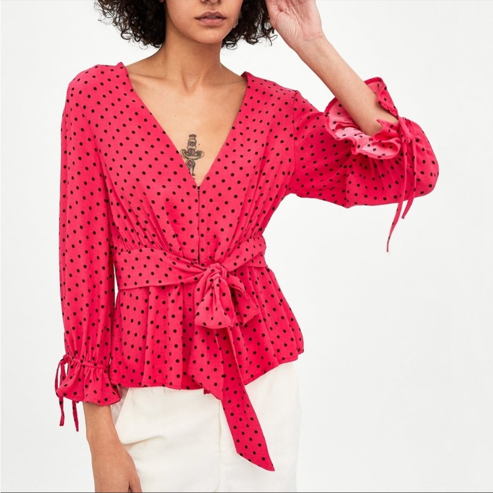 NWT ZARA Pink Polka Dot Ruffle Blouse size S
